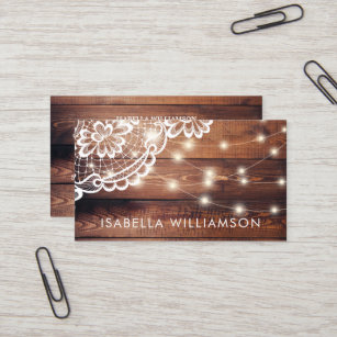 Rustic Barn Wood Lace and String Lights Business Card