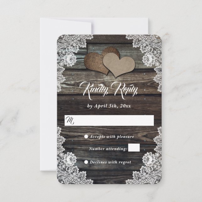 Rustic Barn Wood Lace Burlap Hearts Wedding RSVP Card (Front)