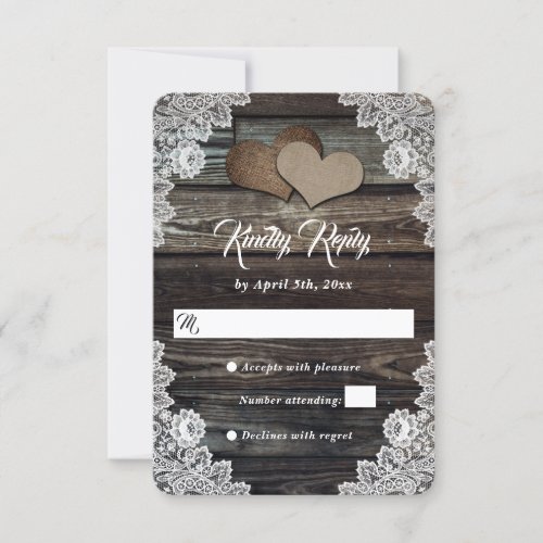 Rustic Barn Wood Lace Burlap Hearts Wedding RSVP Card