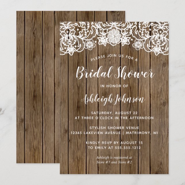 Rustic Barn Wood Lace Calligraphy Bridal Shower Invitation (Front/Back)