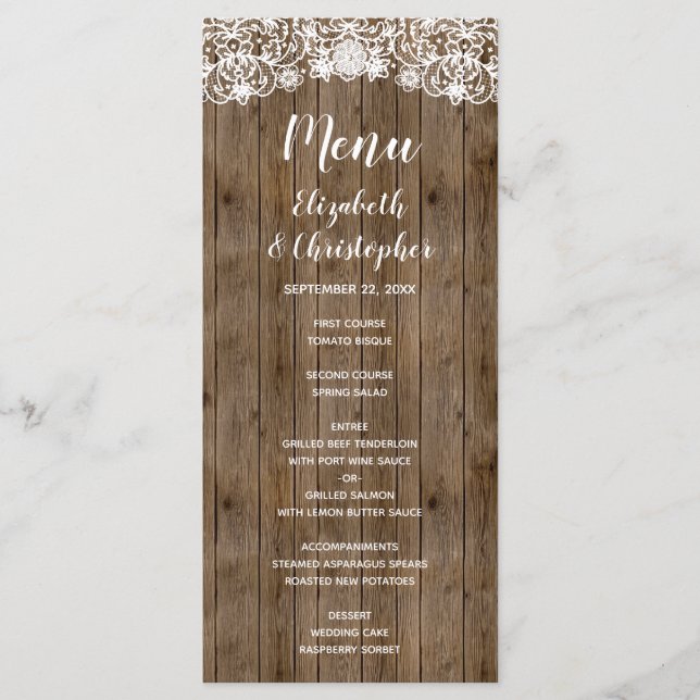 Rustic Barn Wood Lace Calligraphy Wedding Menu (Front)
