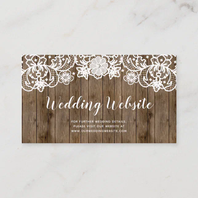 Rustic Barn Wood Lace Calligraphy Wedding Website Enclosure Card | Zazzle