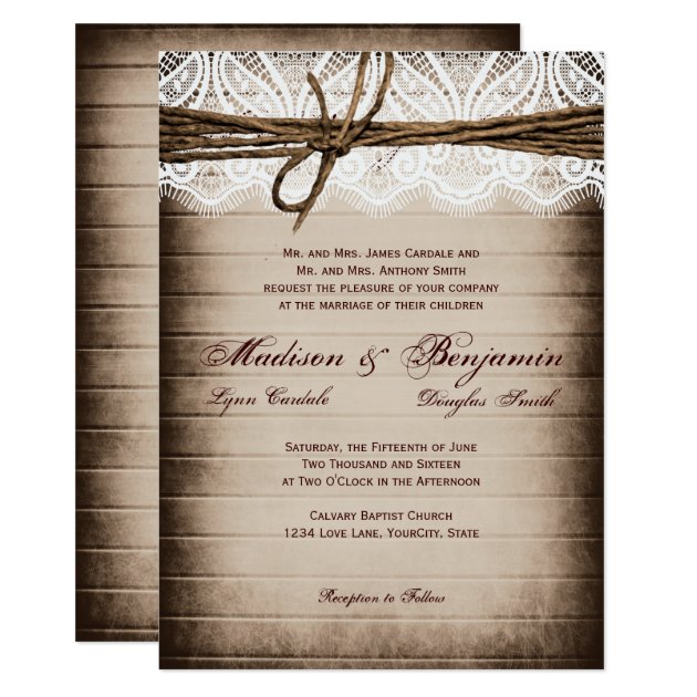 Rustic Barn Wood Lace Country Wedding Invitations