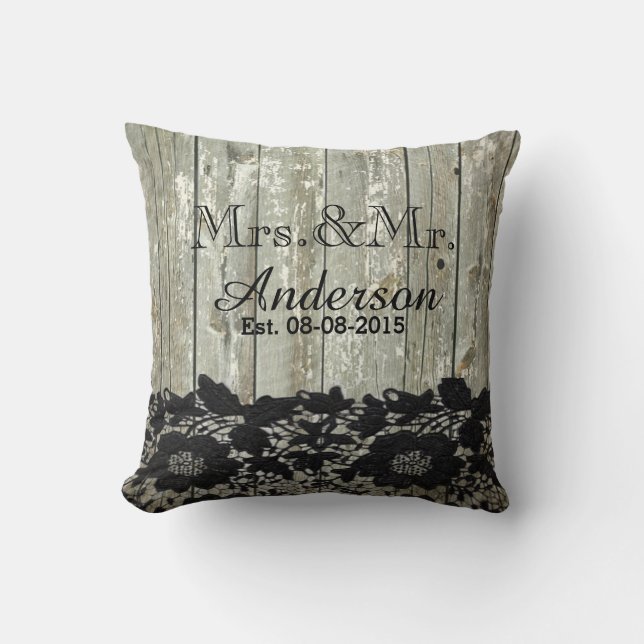 rustic barn wood  lace country wedding mr and mrs throw pillow (Front)