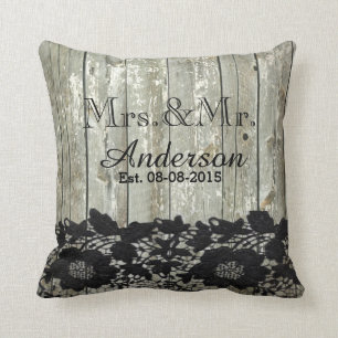 rustic barn wood lace country wedding mr and mrs throw pillow