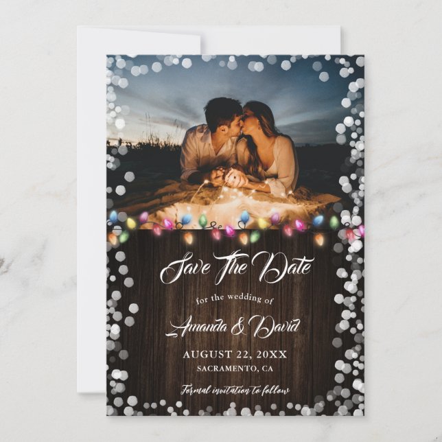 Rustic Barn Wood Lace Lights Holiday Wedding Photo Save The Date (Front)
