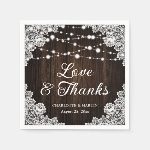 Rustic Barn Wood Lace Love and Thanks Wedding Napkins