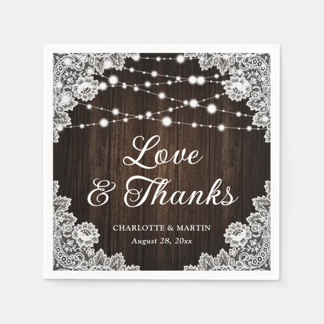 Rustic Barn Wood Lace Love and Thanks Wedding Napkins (Front)