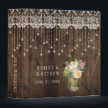 Rustic Barn Wood Lace Mason Jar Lights Wedding Binder<br><div class="desc">Rustic design featuring weathered barn wood,  lace,  and string lights with a mason jar filled with peach and gold flowers and greenery. Personalize the front and spine with your own information.</div>