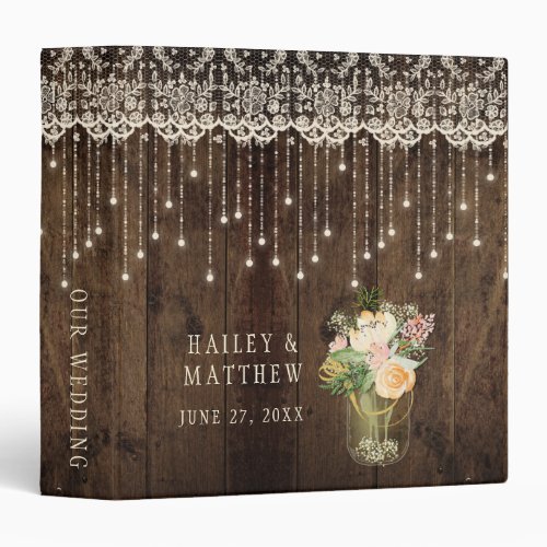 Rustic Barn Wood Lace Mason Jar Lights Wedding Binder