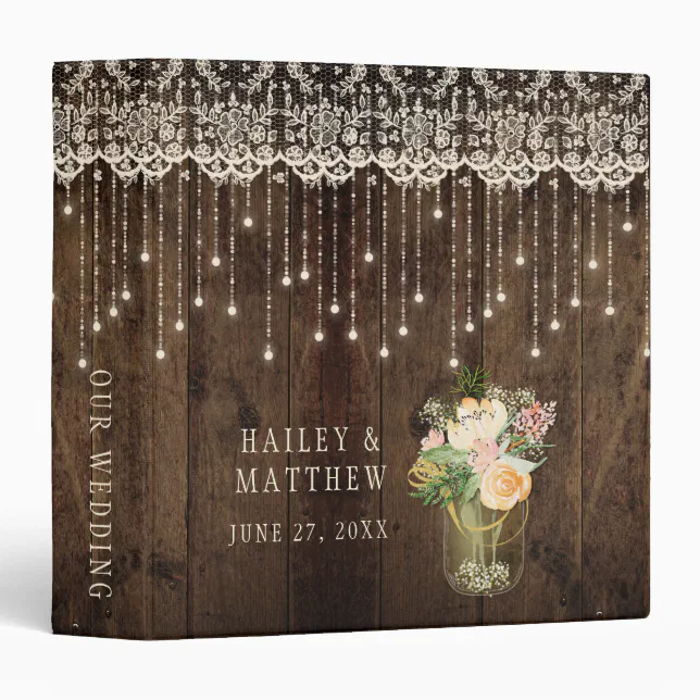 Rustic Barn Wood Lace Mason Jar Lights Wedding Binder | Zazzle