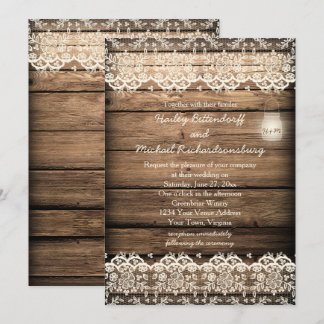 Rustic Barn Wood Lace Mason Jar Wedding Invitation