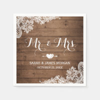 Rustic Barn Wood Lace Mr. and Mrs. Wedding Napkin