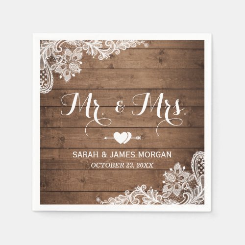 Rustic Barn Wood Lace Mr and Mrs Wedding Napkins