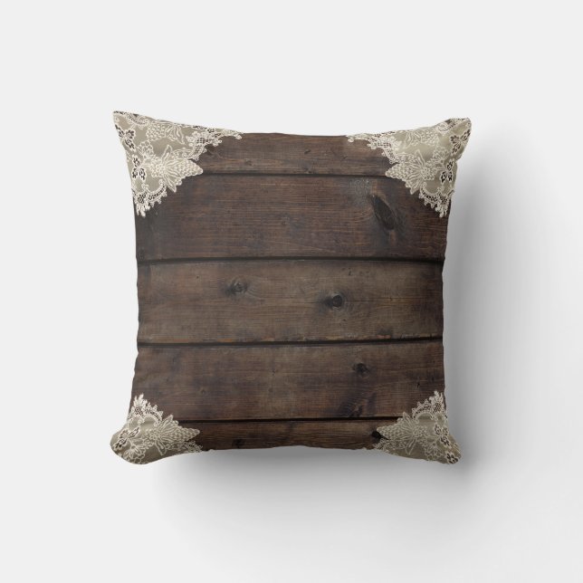 Rustic Barn Wood & Lace Romantic Elegant Farmhouse Throw Pillow (Front)