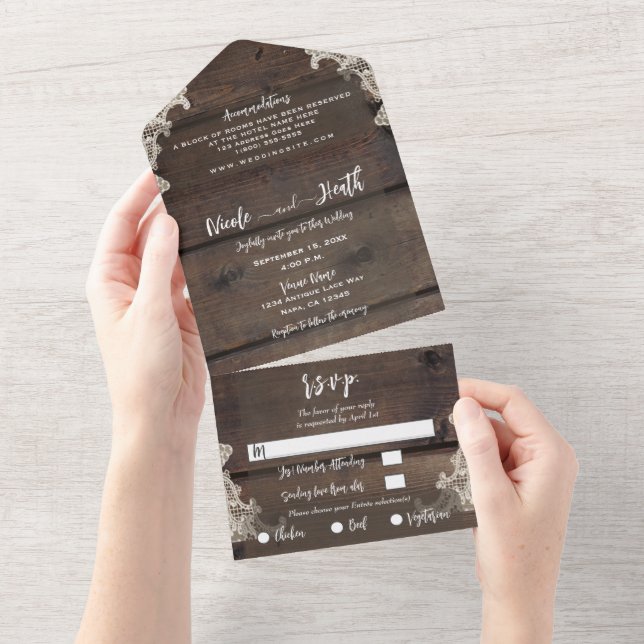 Rustic Barn Wood & Lace Romantic Elegant Wedding   All In One Invitation (Tearaway)