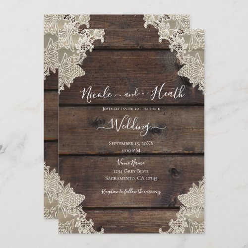 Rustic Barn Wood  Lace Romantic Elegant Wedding  Invitation