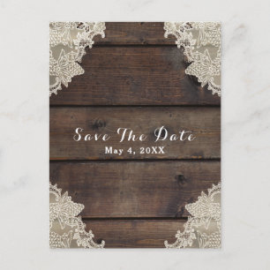 Rustic Barn Wood & Lace Romantic Save the Date Announcement Postcard