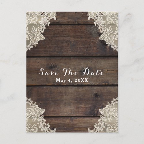 Rustic Barn Wood  Lace Romantic Save the Date Announcement Postcard