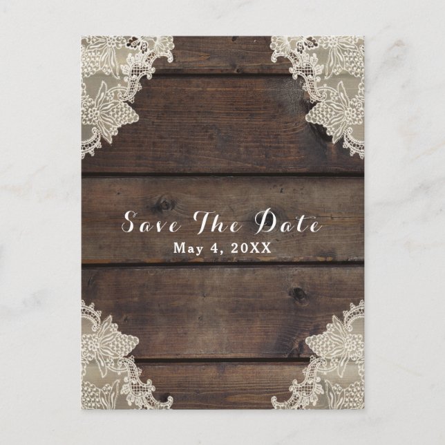 Rustic Barn Wood & Lace Romantic Save the Date Announcement Postcard (Front)