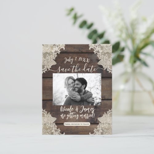 Rustic Barn Wood  Lace Romantic Save the Date  Invitation