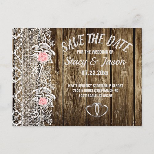 Rustic Barn Wood  Lace Save The Date Announcement Postcard