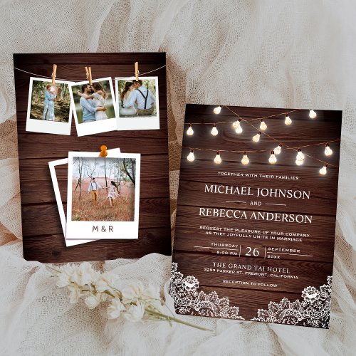 Rustic Barn Wood Lace String Lights Photo Wedding Invitation