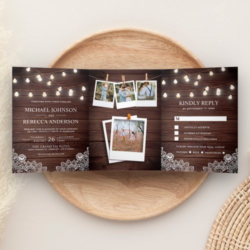 Rustic Barn Wood Lace String Lights Photo Wedding Tri_Fold Invitation