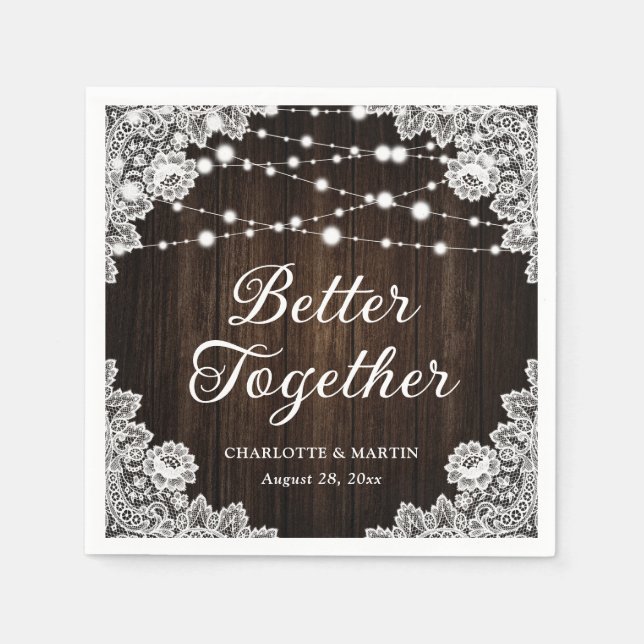 Rustic Barn Wood Lace String Lights Wedding Napkins (Front)
