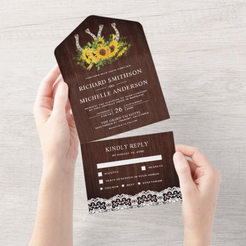 Rustic Barn Wood Lace Sunflower Horseshoes Wedding All In One Invitation
