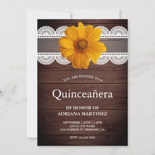 Rustic Barn Wood Lace Sunflower Quinceanera Invitation