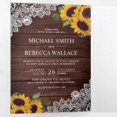 Rustic Barn Wood Lace Sunflower Wedding Photo Tri-Fold Invitation (Inside First)
