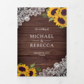 Rustic Barn Wood Lace Sunflower Wedding Photo Tri-Fold Invitation (Cover)