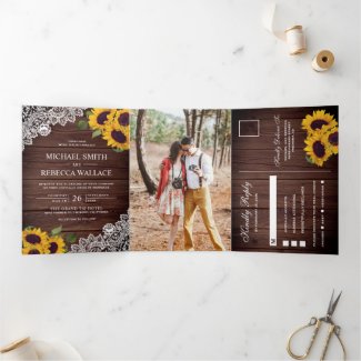 Rustic Tri-Fold Wedding Invitation with Barn Wood, Lace, Sunflower and Photo