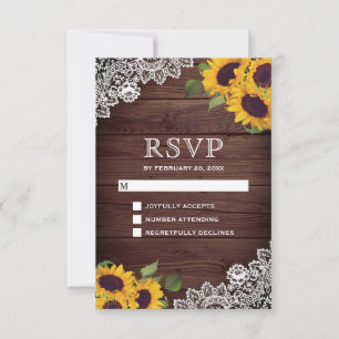 Rustic Barn Wood Lace Sunflower Wedding RSVP Card