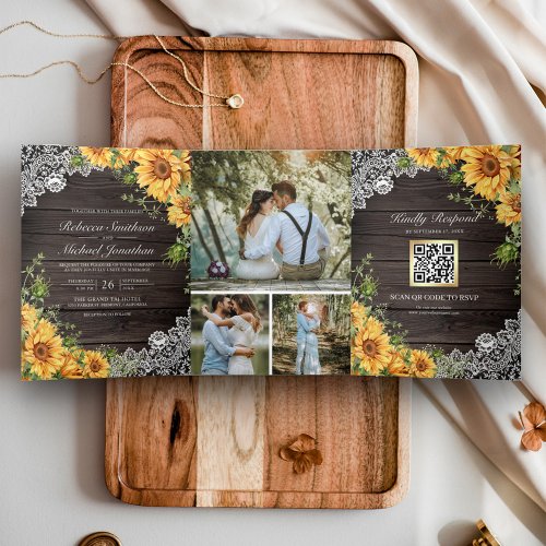 Rustic Barn Wood Lace Sunflowers QR Code Wedding Tri_Fold Invitation