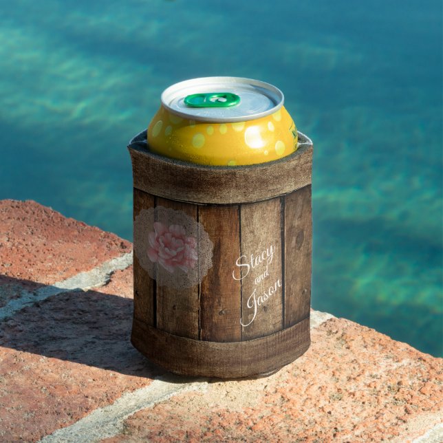 Rustic Barn Wood & Lace Wedding Favor Can Cooler (In Situ Pool)