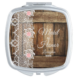 Rustic Barn Wood & Lace Wedding Favor Compact Mirror