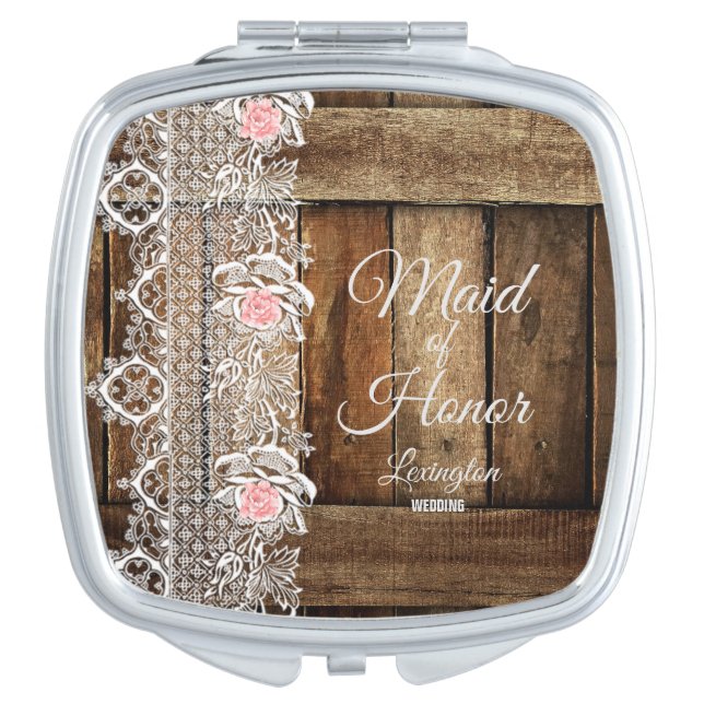 Rustic Barn Wood & Lace Wedding Favor Compact Mirror (Front)