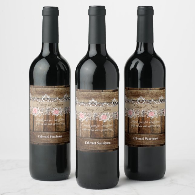 Rustic Barn Wood & Lace Wedding Favor Wine Label (Bottles)