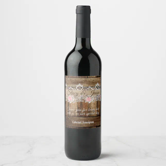 Rustic Barn Wood & Lace Wedding Favor Wine Label | Zazzle