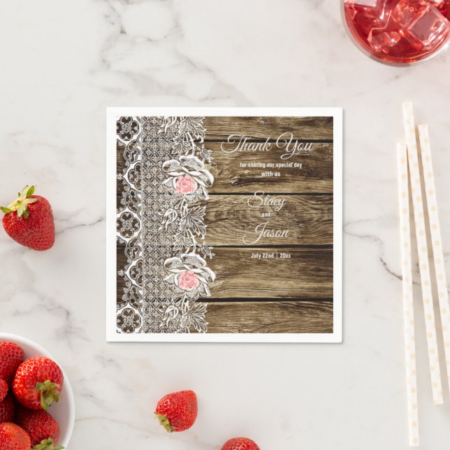 Rustic Barn Wood & Lace Wedding Paper Napkins (Insitu)