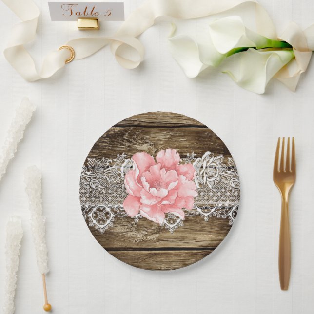 Rustic Barn Wood & Lace Wedding Paper Plates (Wedding)
