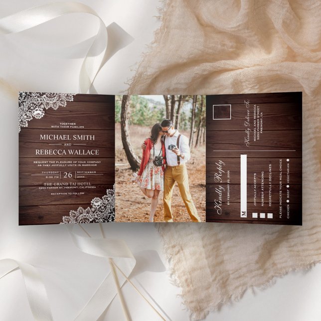 Rustic Barn Wood Lace Wedding Photo Tri-Fold Invitation (Creator Uploaded)