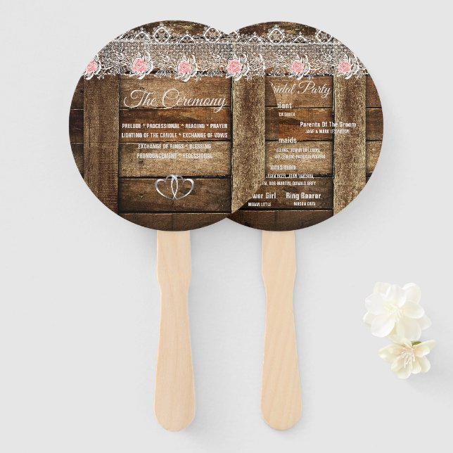 Rustic Barn Wood & Lace Wedding Program Hand Fan (Front and Back)