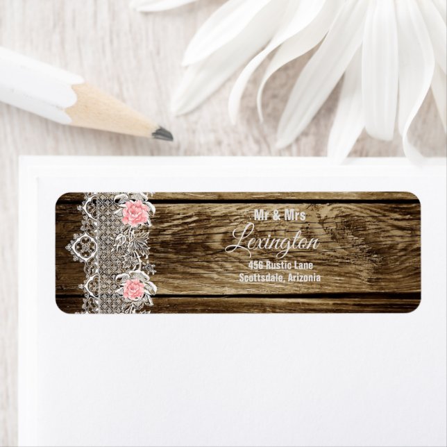 Rustic Barn Wood & Lace Wedding Return Address Label (Insitu)