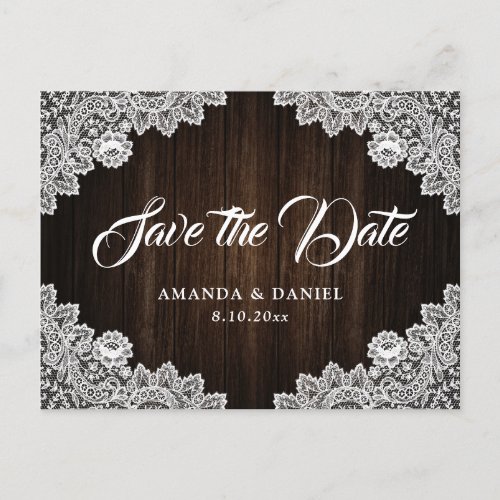 Rustic Barn Wood Lace Wedding Save The Date Announcement Postcard