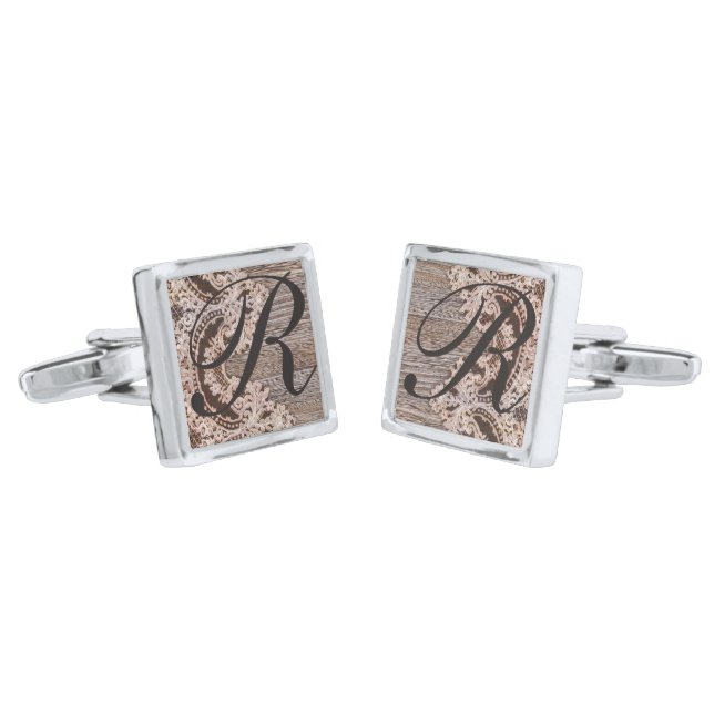 Rustic barn wood lace western country wedding cufflinks (Angled)