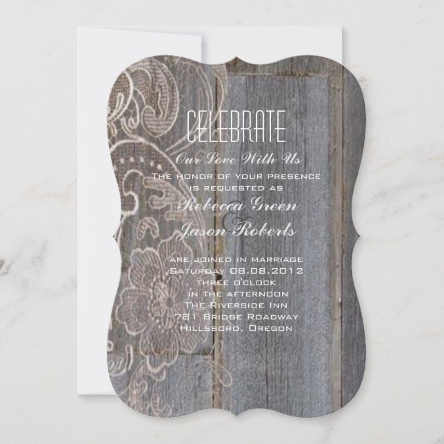 rustic barn wood lace western country wedding invitation (Front)