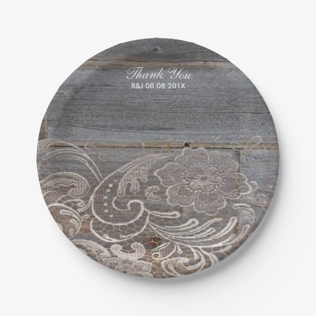 rustic barn wood lace western country wedding paper plates (Front)